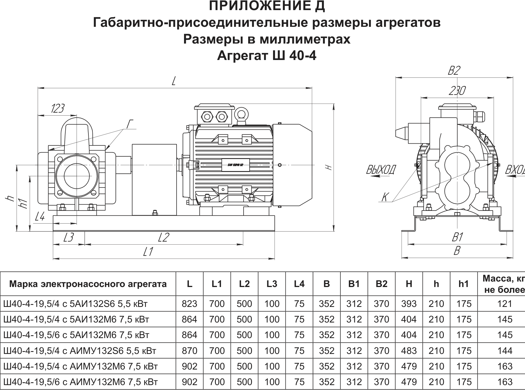 Габаритно-присоединительные размеры агрегата Ш 40-4: главный вид, вид с торца, таблица размеров